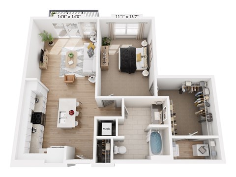 Floor plan for 1 bed, 1 bath, 962 sqft